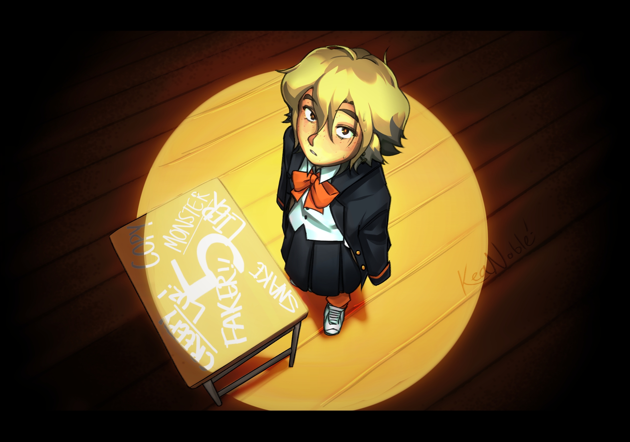 Digital art of Vee inspired by a scene from the movie A Silent Voice. Vee stands alone in the center of a warm spotlight, casting a soft shadow on the wooden floor. She wears a Japanese inspired Hexside school uniform with a large orange bow and is looking solemnly upward. Her short wavy blonde hair frames her freckled face. Beside her is a school desk covered in harsh, white chalk graffiti with the words "FREAK," "FAKER," "LIAR," "SNAKE," "COPY," "MONSTER" and "CREEPY LUZ" with a giant number 5 in the centre of the desk.